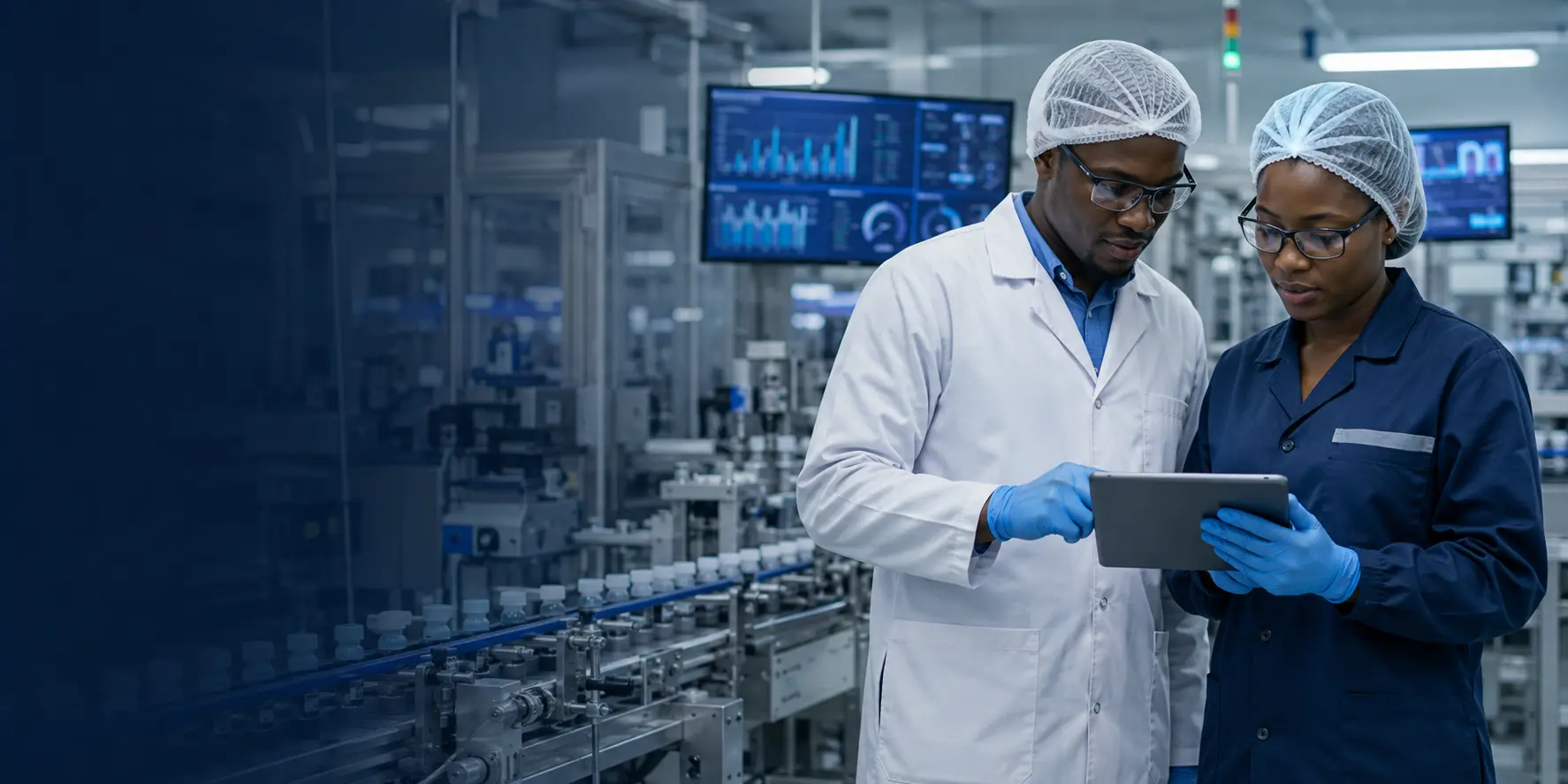 Manufacturing specialists reviewing production data